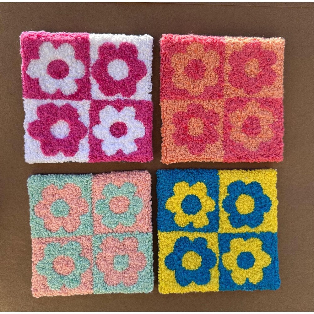 Flower Square Punch Needle Coasters | Mug Rug